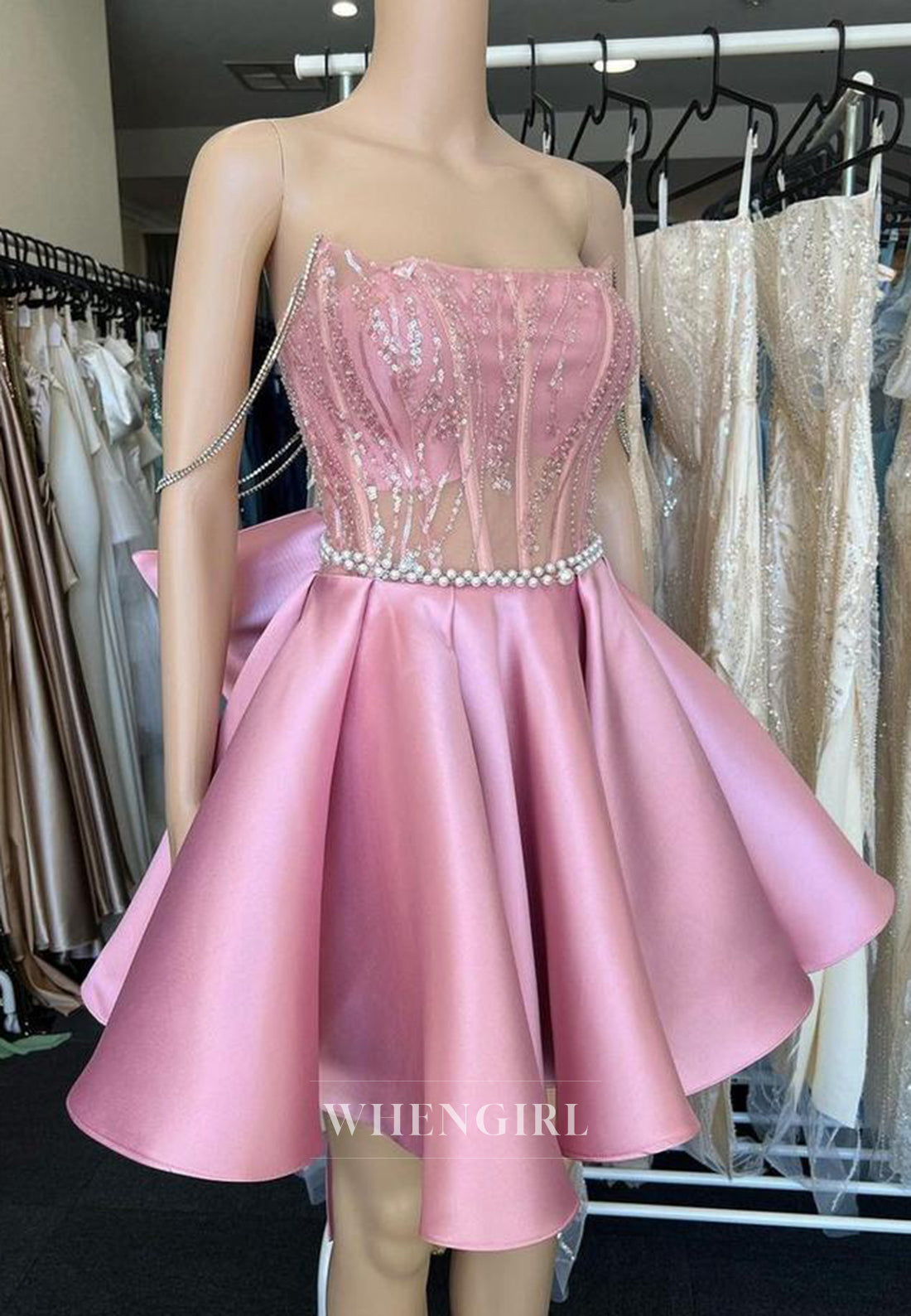 Pink A-Line Off Shoulder Beaded Lace Up Sleeveless Bowknot Short Homecoming Dress