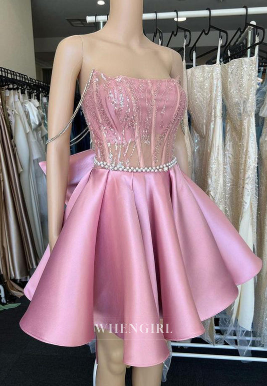 Pink A-Line Off Shoulder Beaded Lace Up Sleeveless Bowknot Short Homecoming Dress