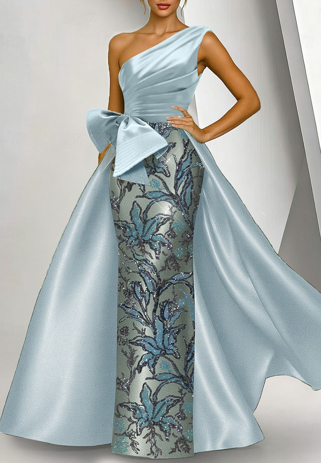 Column One Shoulder Embroidery Beads Mother of the Bride Dress