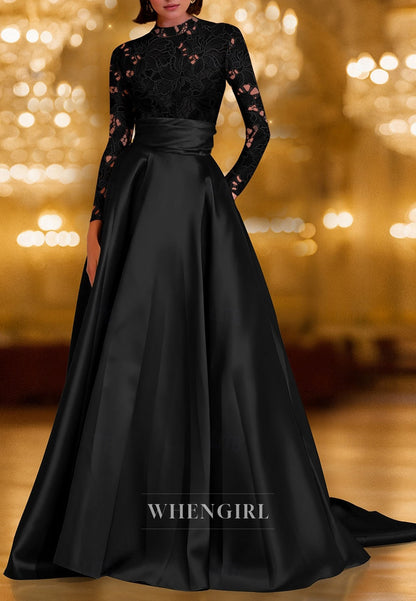 A-Line Long Sleeves Lace Top Back Zipper Mother of the Bride Dress Evening Dress