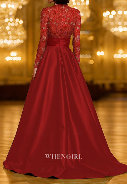 A-Line Long Sleeves Lace Top Back Zipper Mother of the Bride Dress Evening Dress