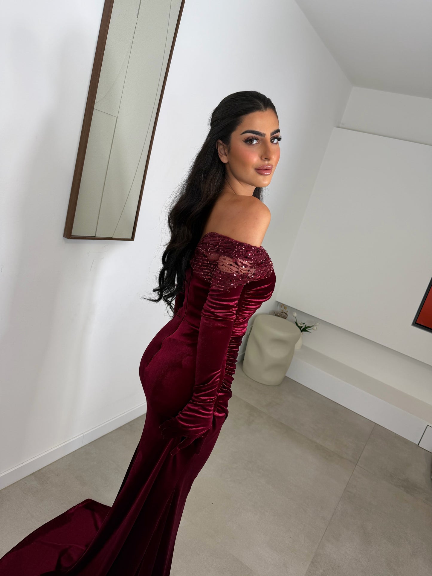 Burgundy Off Shoulder Ruched Long Sleeves Mermaid Evening Dress
