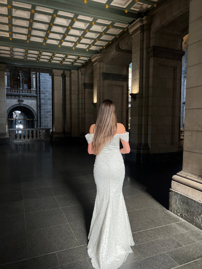 Sheath Off Shoulder Beaded Ruched Wedding Dress with Detachable Train