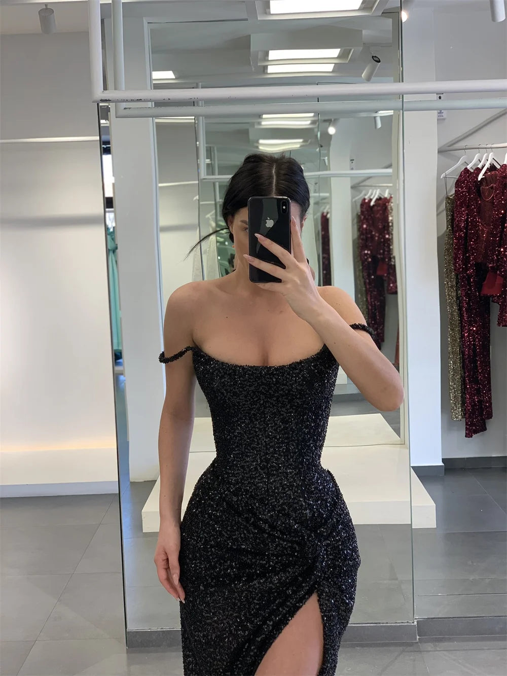 Prom Dress Princess Off Shoulder Sexy Side Slit Party Dress Glitter Floor-length Evening Dress