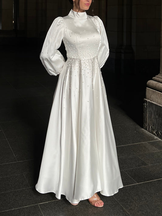 Satin High Neck Long Sleeves Pleated A-Line Simple Wedding Dress