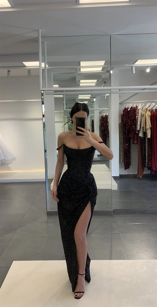 Prom Dress Princess Off Shoulder Sexy Side Slit Party Dress Glitter Floor-length Evening Dress