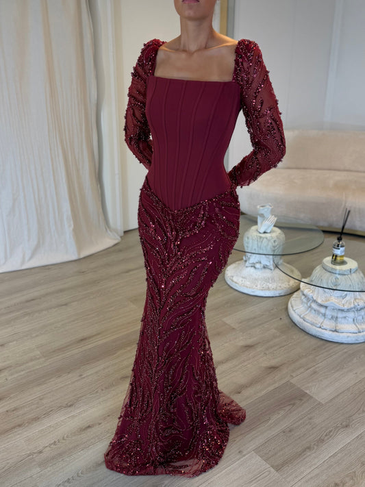 Burgundy Square Neck Long Sleeves Beaded Sheath Evening Dress