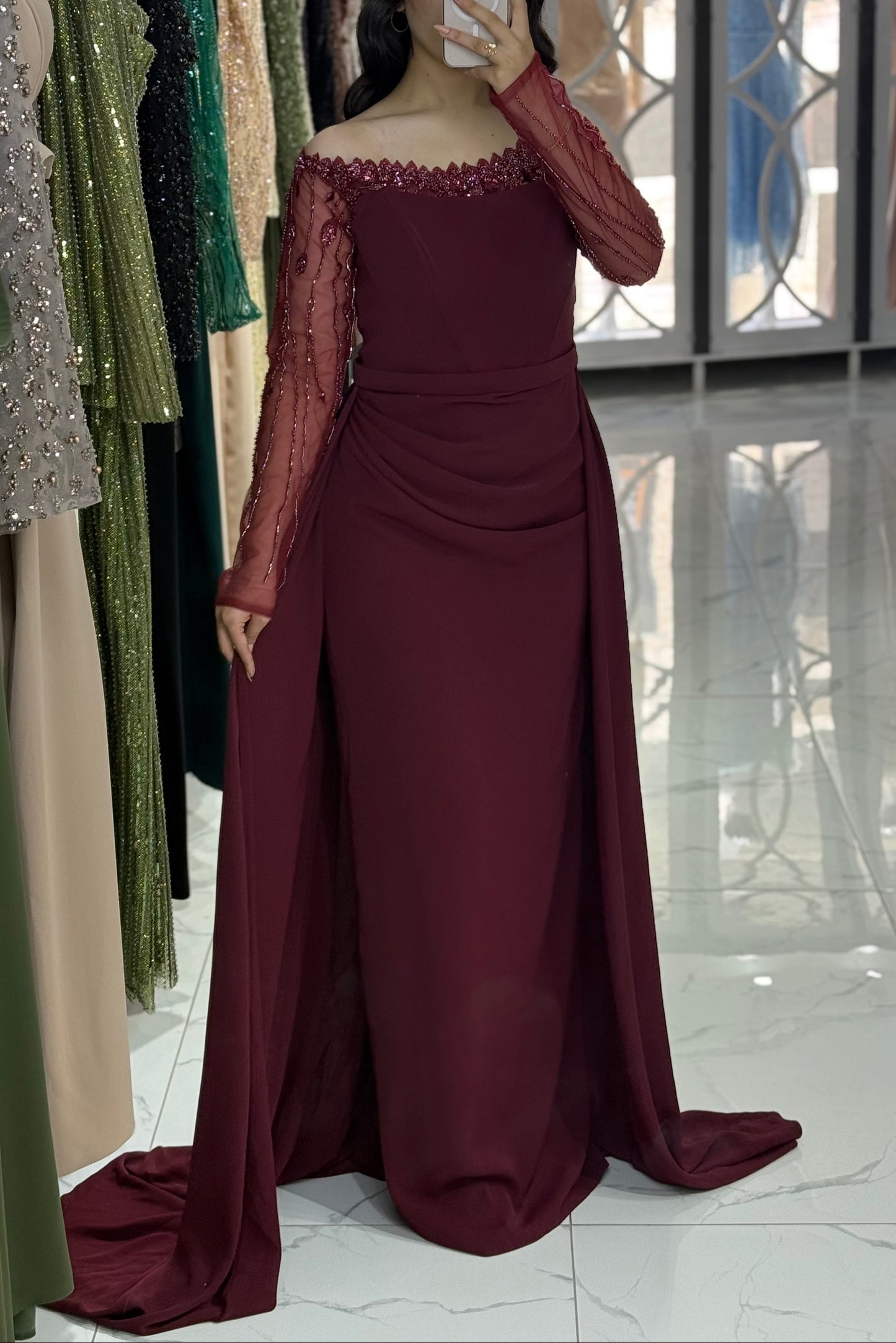 Burgundy Off Shoulder Long Sleeves Ruched Sheath Evening Gown with Train