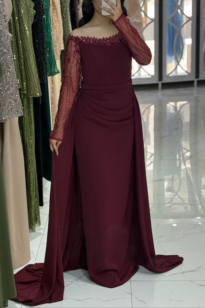 Burgundy Off Shoulder Long Sleeves Ruched Sheath Evening Gown with Train