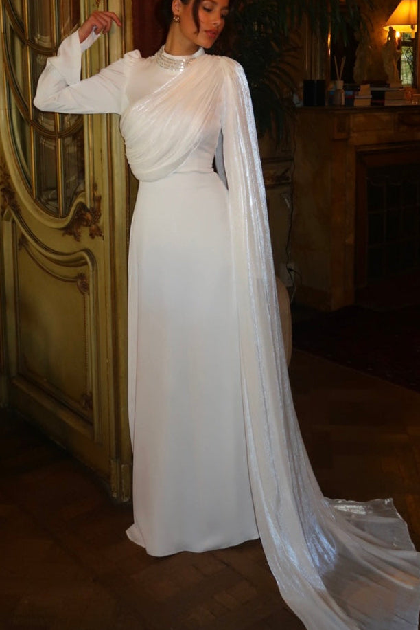 Culumn Long Sleeves Ruched Side Train Wedding Dress