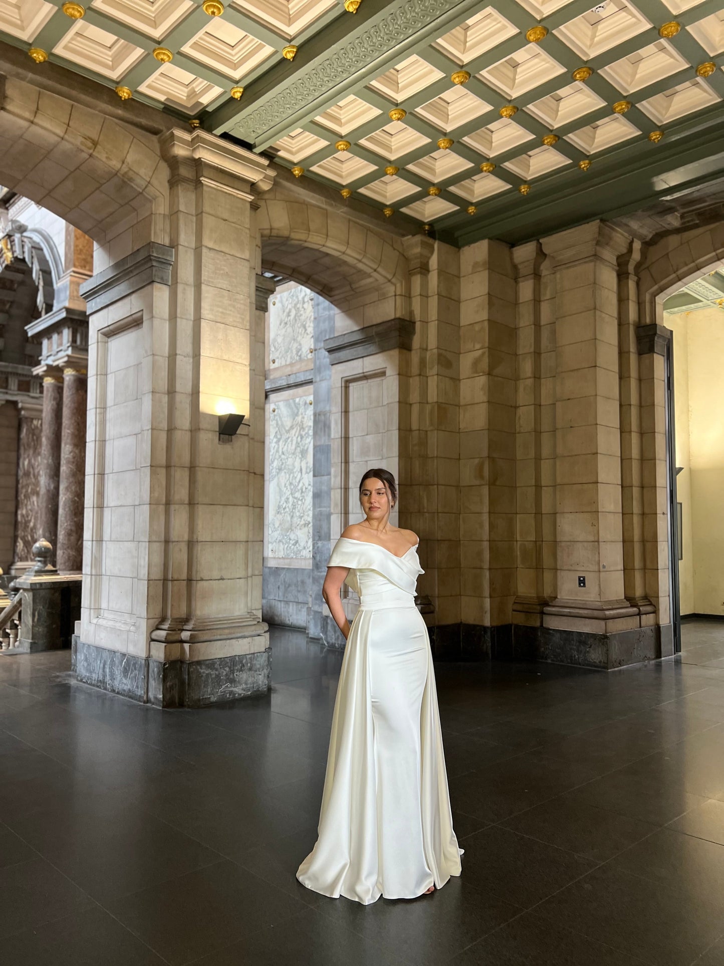 Mermaid Off Shoulder Simple Wedding Dress with Detachable Train