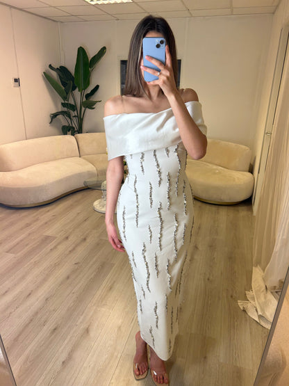Sheath Off Shoulder Beaded Short Wedding Dress