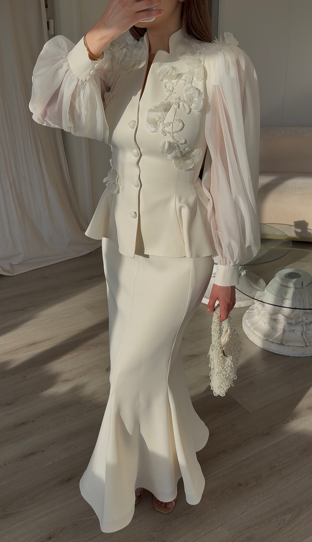 Mermaid Long Sleeves Tow Pieces Appliqued Wedding Dress