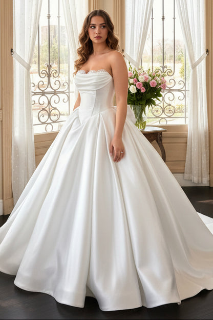 Strapless Satin Side Slit A-Line Wedding Dress