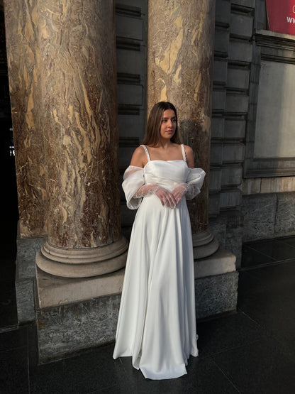 A-Line Suqare Neck Floor Length Ruched Wedding Dress with Gloves