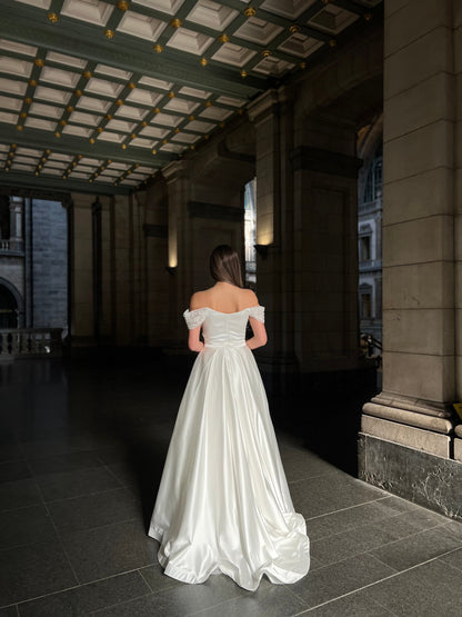 Sheath Off Shoulder Beaded Ruched Wedding Dress with Detachable Train