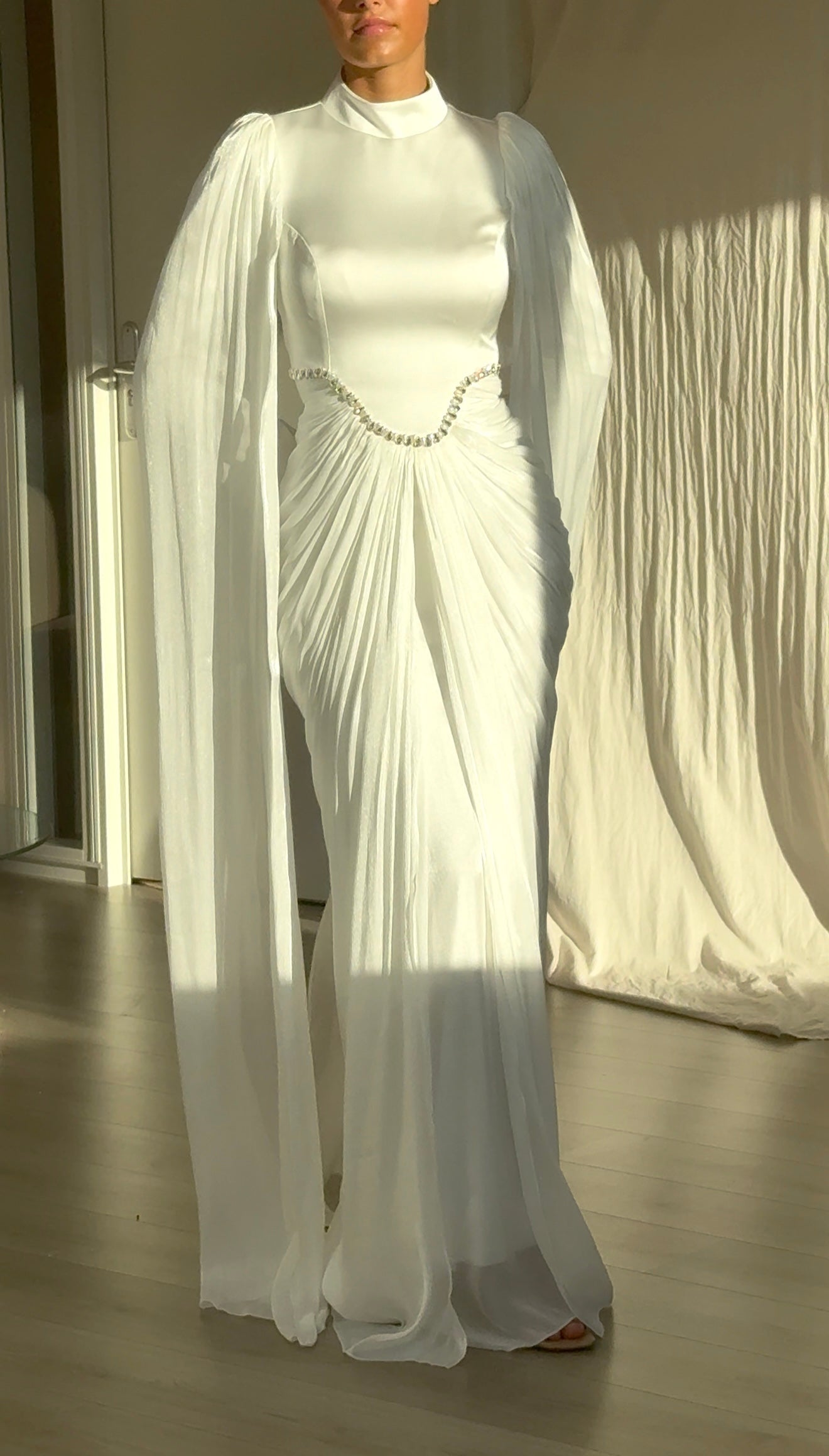 Sheath High Neck Long Sleeves Beaded Ruched Wedding Dress