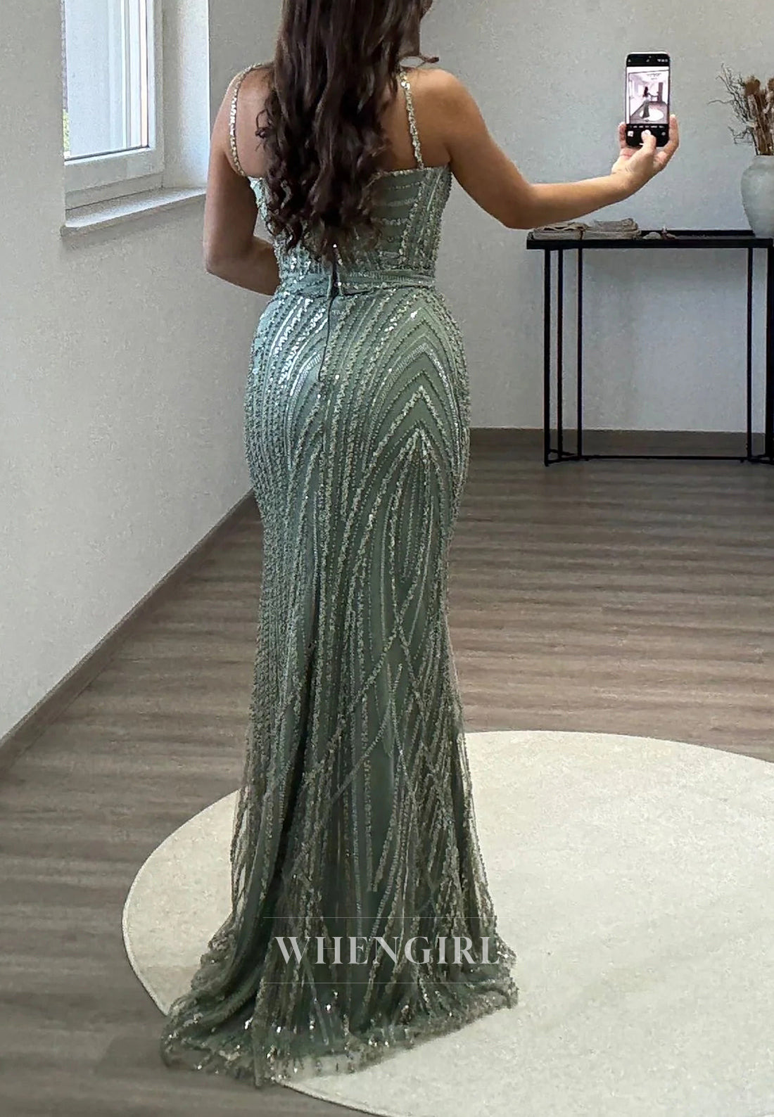 Asymmetrical Neck Sleeveless Side Slit Beaded Sheath Evening Formal Dress