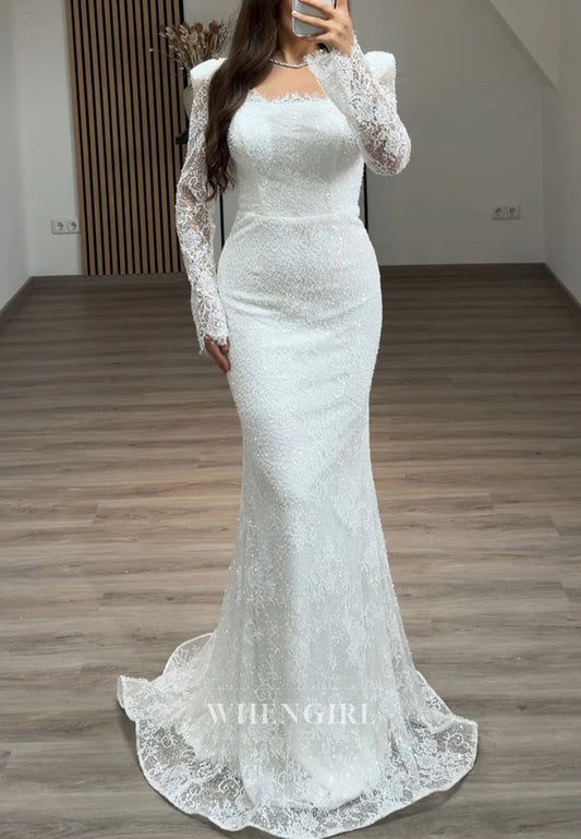 Mermaid Beaded Square Neck Long Sleeves Beaded Lace Evening Formal Dress