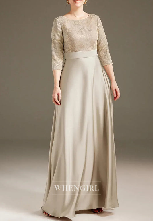Champagne Scoop Neck 3/4 Sleeves Back Zipper Long A-Line Mother of the Bride Dress