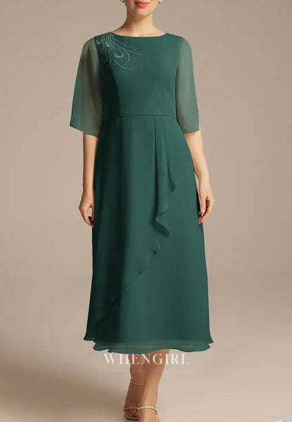 Teal Bateau Neck Half Sleeves Column Tea Length Mother of the Bride Dress