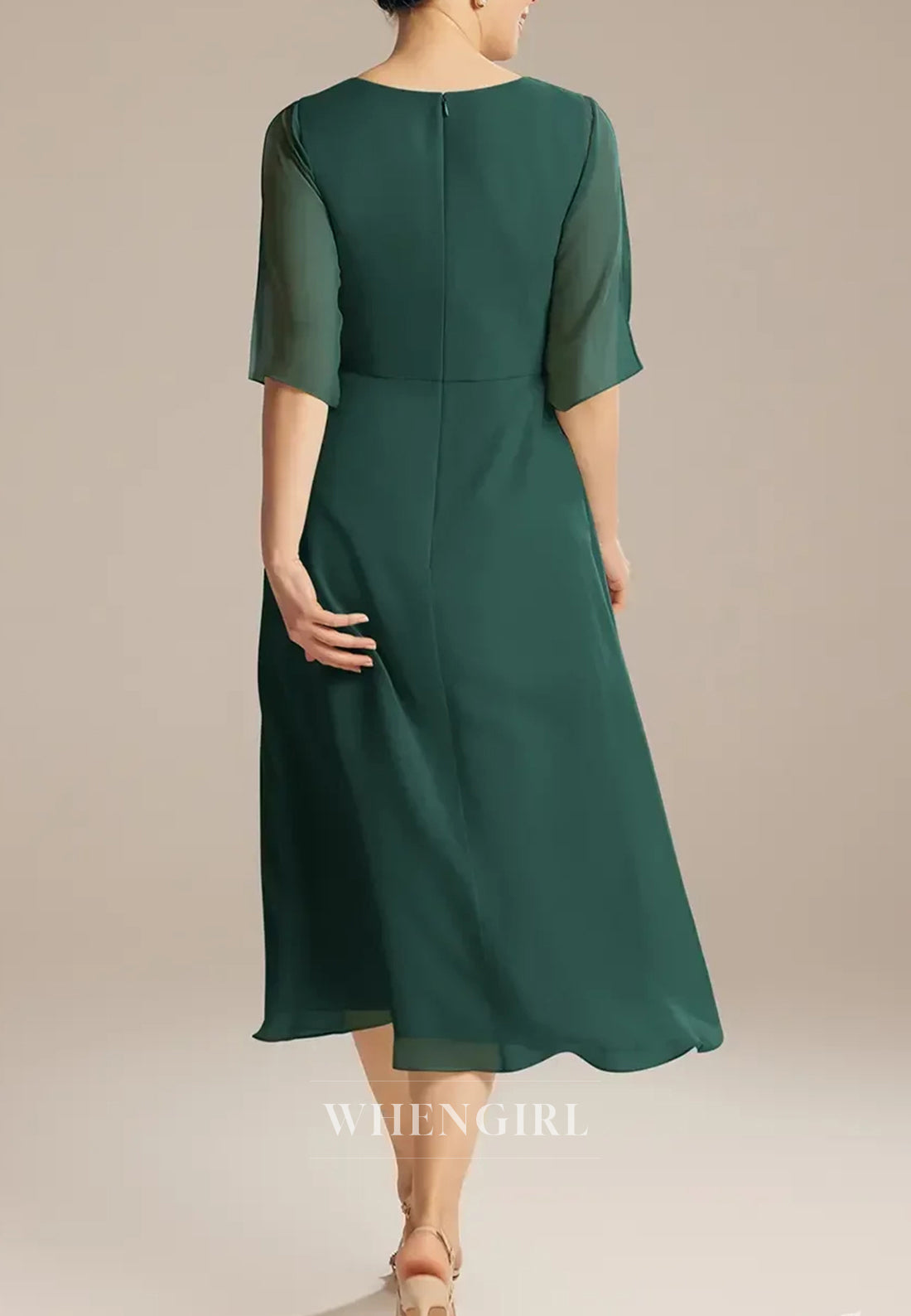 Teal Bateau Neck Half Sleeves Column Tea Length Mother of the Bride Dress