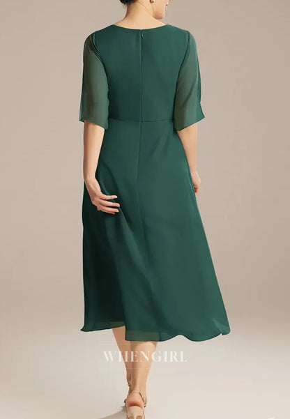 Teal Bateau Neck Half Sleeves Column Tea Length Mother of the Bride Dress
