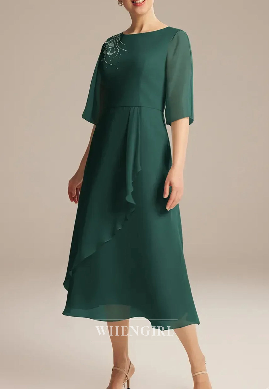 Teal Bateau Neck Half Sleeves Column Tea Length Mother of the Bride Dress