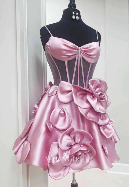 A-Line Spaghetti Straps V Neck Floral Sleeveless Satin Homecoming Dress