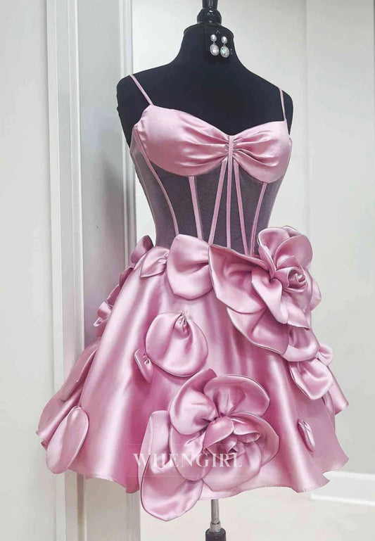 A-Line Spaghetti Straps V Neck Floral Sleeveless Satin Homecoming Dress