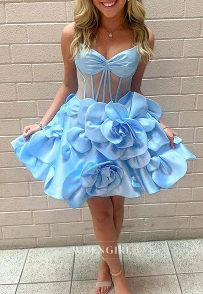 A-Line Spaghetti Straps V Neck Floral Sleeveless Satin Homecoming Dress