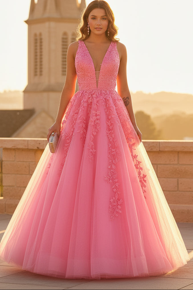 A Line Tulle Appliqued Prom Dresses Long Elegant V Neck Evening Party Gowns