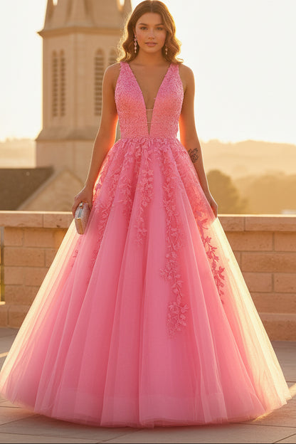 A Line Tulle Appliqued Prom Dresses Long Elegant V Neck Evening Party Gowns