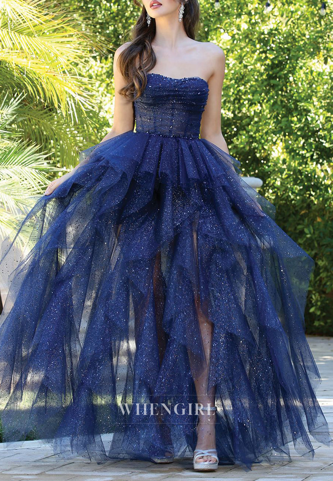 Navy A-Line Sleeveless Lace Up Multi Tiered Prom Dress