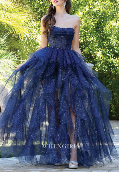 Navy A-Line Sleeveless Lace Up Multi Tiered Prom Dress