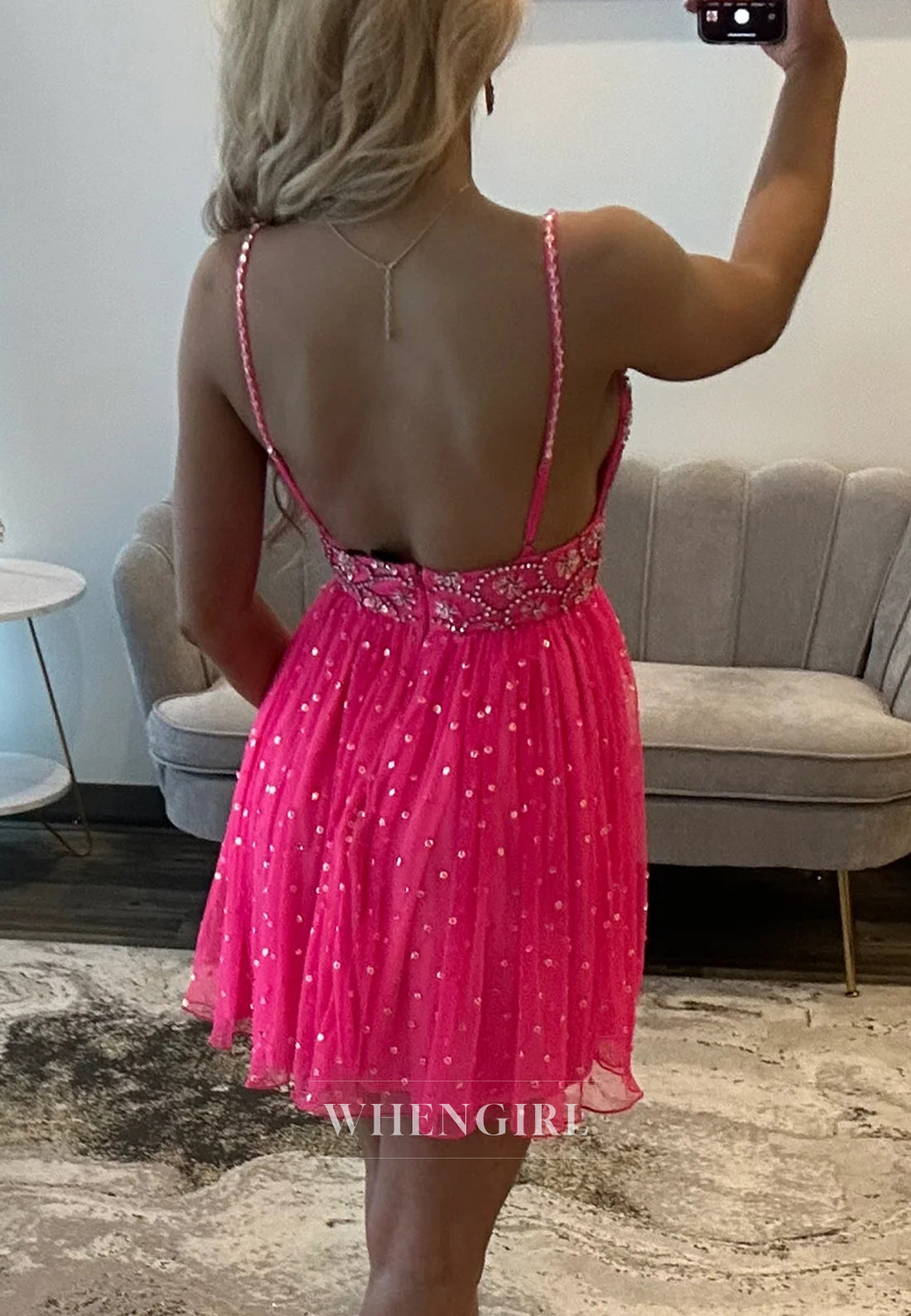 Fuchsia Sleeveless Beaded V Neck Spaghetti Straps A-Line Short Homecoming Dress
