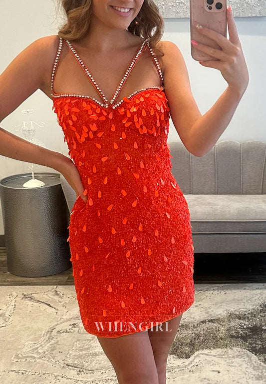 Papaya Sheath Sweetheart Sleeveless Sequins Short Homecoming Dress