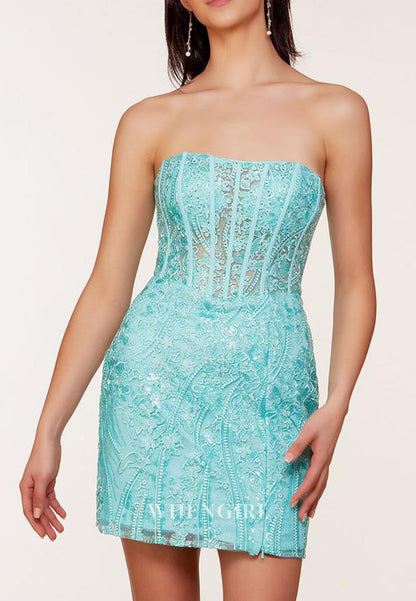 Tube Top Side Slit Strapless Sequins Beading Corset Homecoming Dress