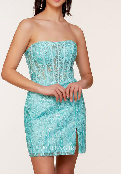 Tube Top Side Slit Strapless Sequins Beading Corset Homecoming Dress