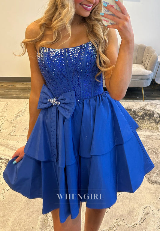 Royal Blue A-Line Sleeveless Bowknot Beaded Back Zipper Short Homecoming Dress