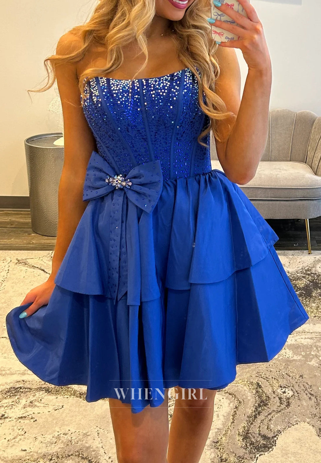 Royal Blue A-Line Sleeveless Bowknot Beaded Back Zipper Short Homecoming Dress