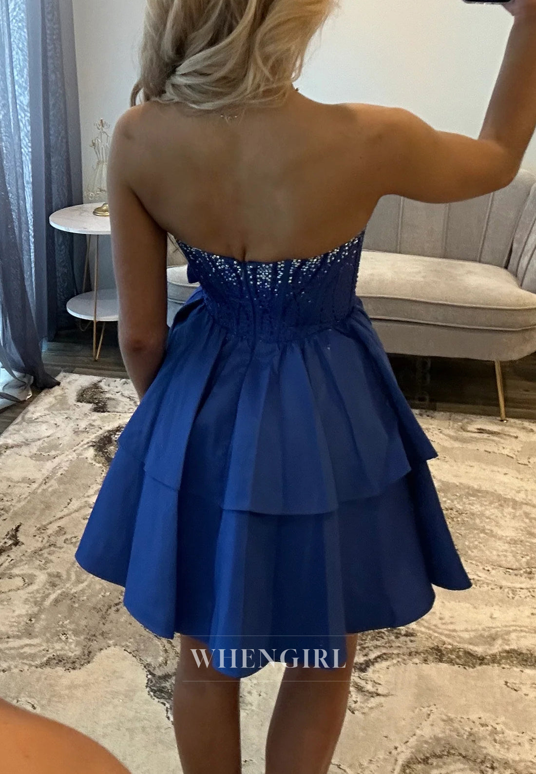 Royal Blue A-Line Sleeveless Bowknot Beaded Back Zipper Short Homecoming Dress