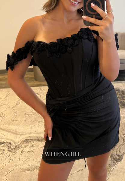 Off Shoudler Floral Pleated Lace Up Sheath Short Homecoming Dress