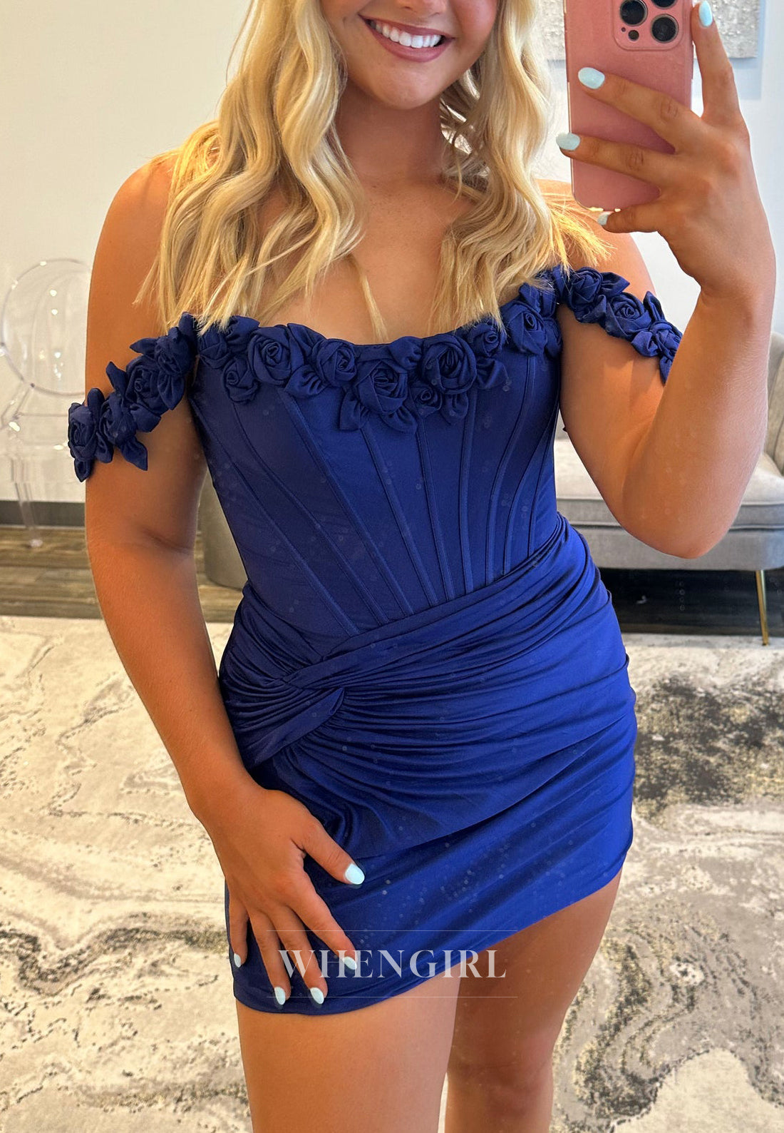 Off Shoudler Floral Pleated Lace Up Sheath Short Homecoming Dress