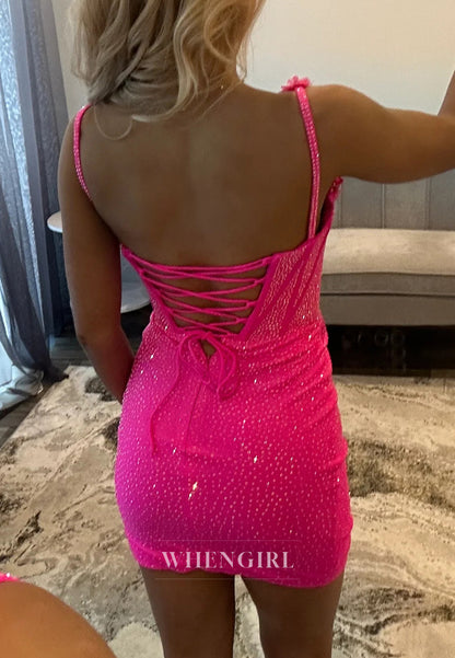 Fuchsia V Neck Sleeveless Side Slit Beaded Floral Lace Up Sheath Short Homecoming Dress