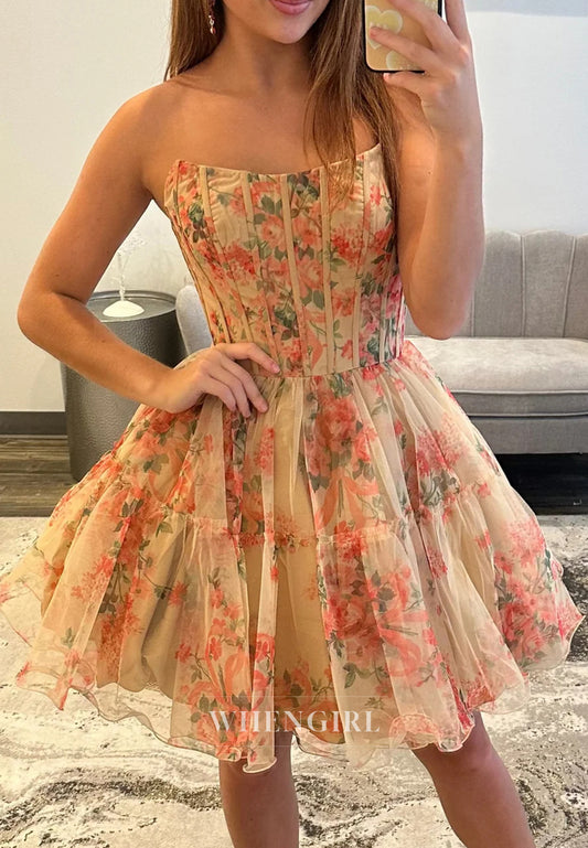 A-Line Sleeveless Floral Strapless Back Zipper Short Homecoming Dress