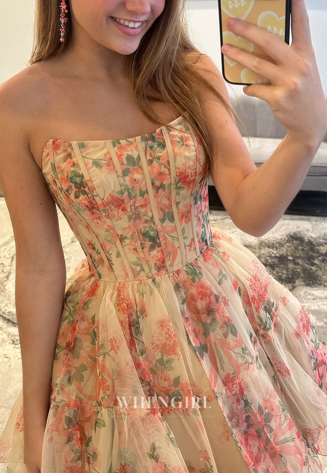 A-Line Sleeveless Floral Strapless Back Zipper Short Homecoming Dress