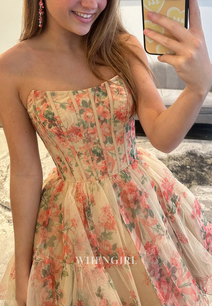 A-Line Sleeveless Floral Strapless Back Zipper Short Homecoming Dress