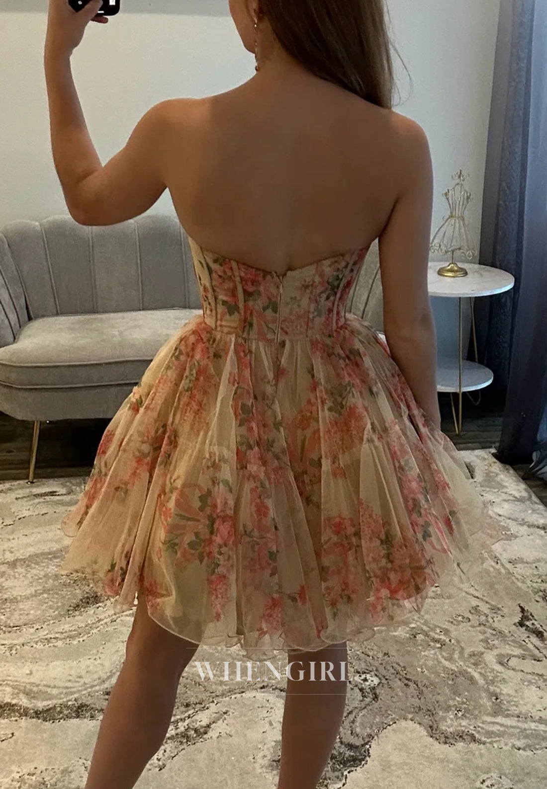 A-Line Sleeveless Floral Strapless Back Zipper Short Homecoming Dress