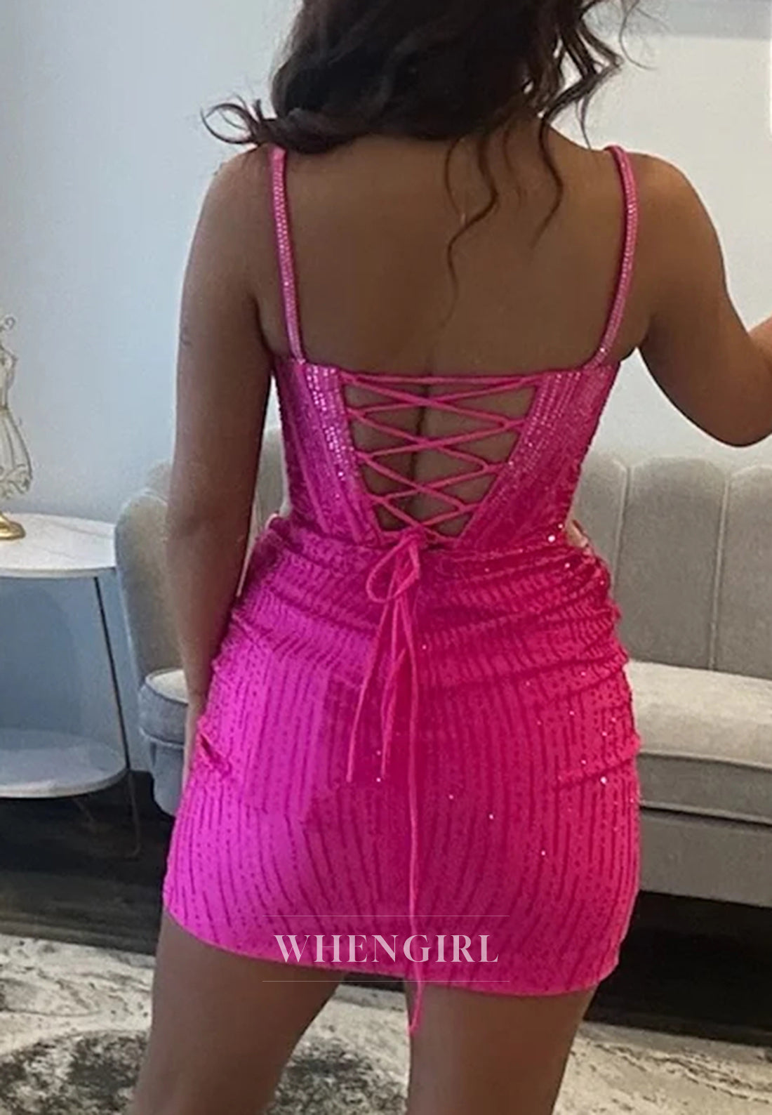 V Neck Beaded Sleeveless Sheath Short Lace Up Homecoming Dress